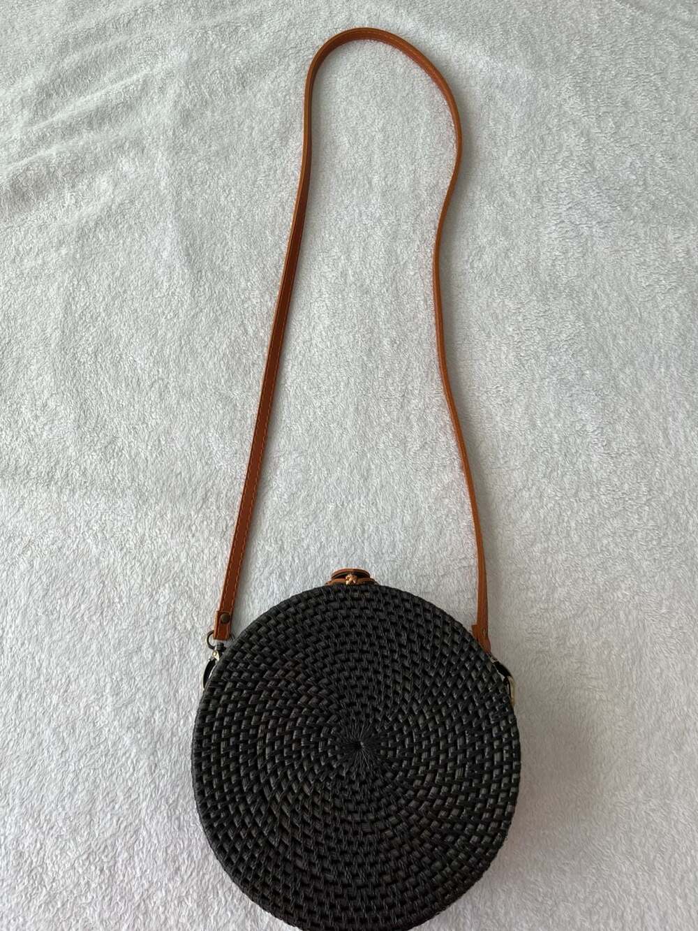Anthropologie Woven Rattan Round Crossbody Bag Black